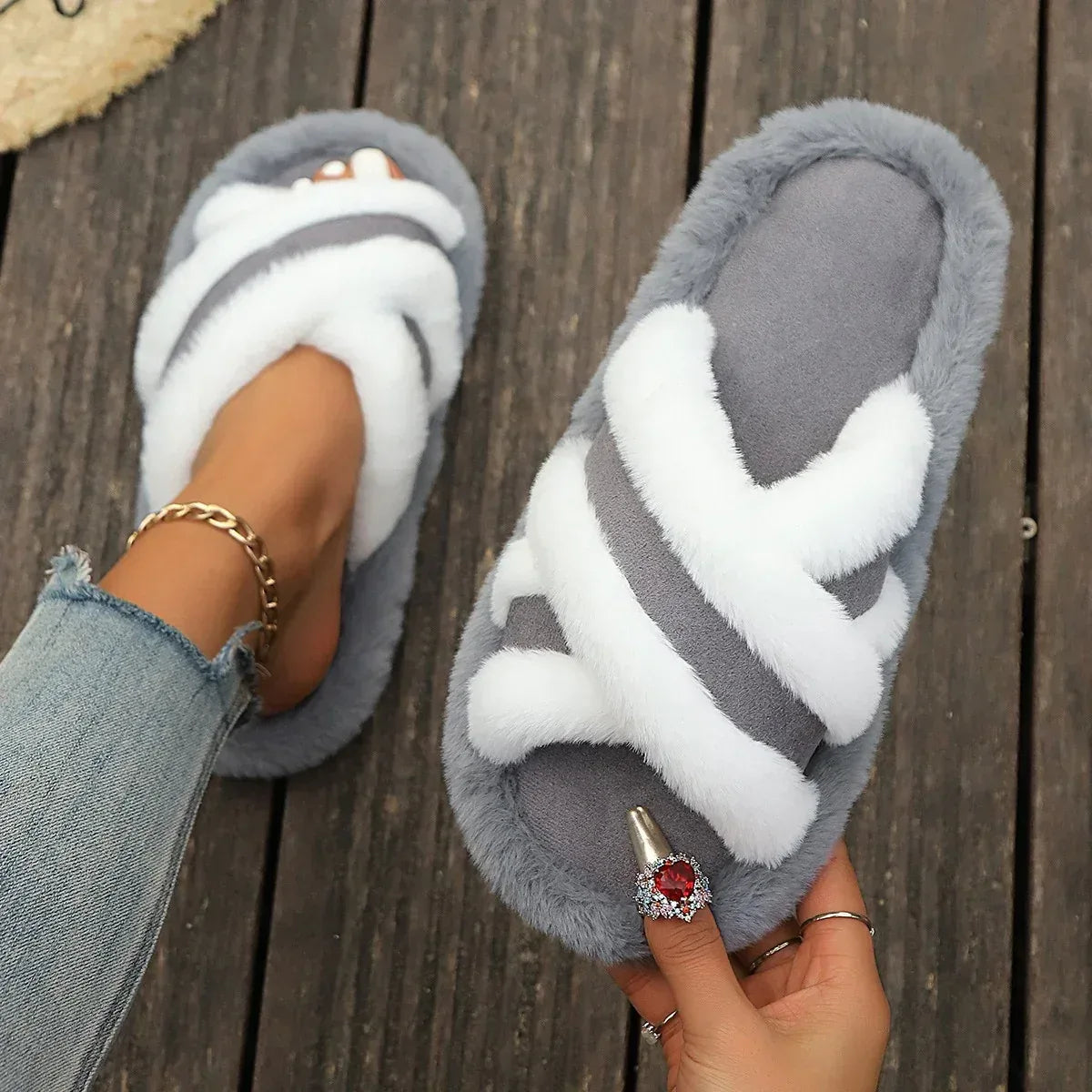 Fluffy Slippers Cross Strap Stitching Warm Casual Platform Slippers - DanaFashionstore
