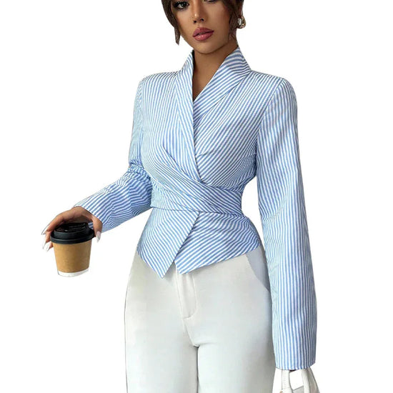 Striped Long-Sleeve Elegant Strap Women's Blouse - DanaFashionstore