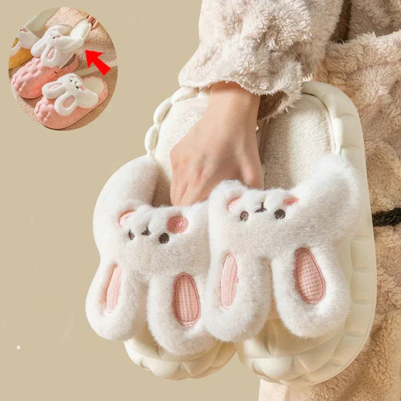 Cute Rabbit Shoes Winter Fuzzy Slippers Women Detachable Washable House Shoes - DanaFashionstore