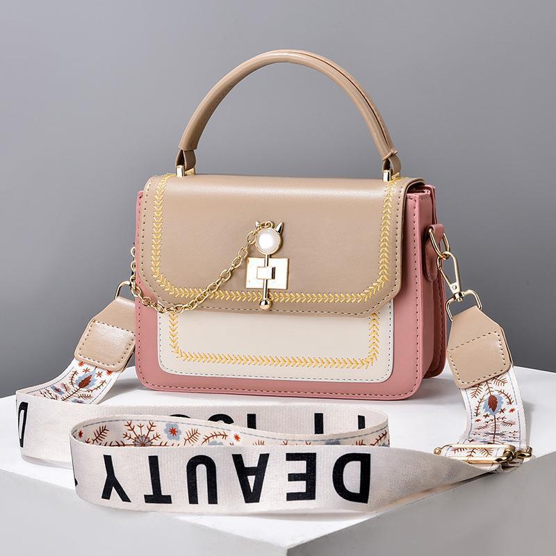 Wide Shoulder Strap Embroidery Thread Contrast Color Large Capacity Shoulder Bag - Dana Fashion