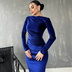 Solid Color Pleated Round-Neck Dress 2026 - Slim Long-Sleeved Dress - DanaFashionstore
