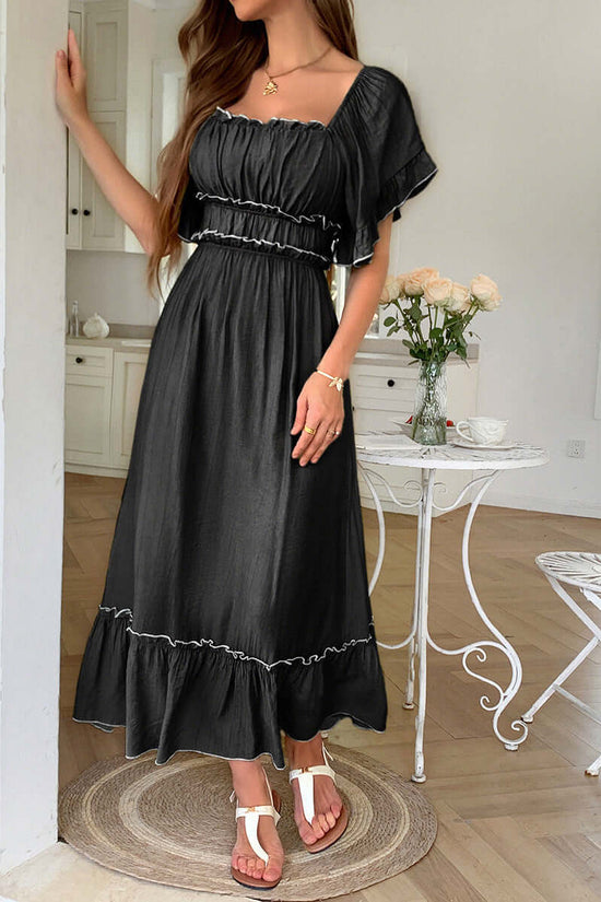 European And American Leisure Vacation Style Stringy Selvedge Short Sleeve Dress $59.50 Dana Fashion Color: Black Size: L Women's clothing Product information: Color: green, blue, black, apricot, orange pink Waist type: high waist Size: S,M,L,XL Skirt len