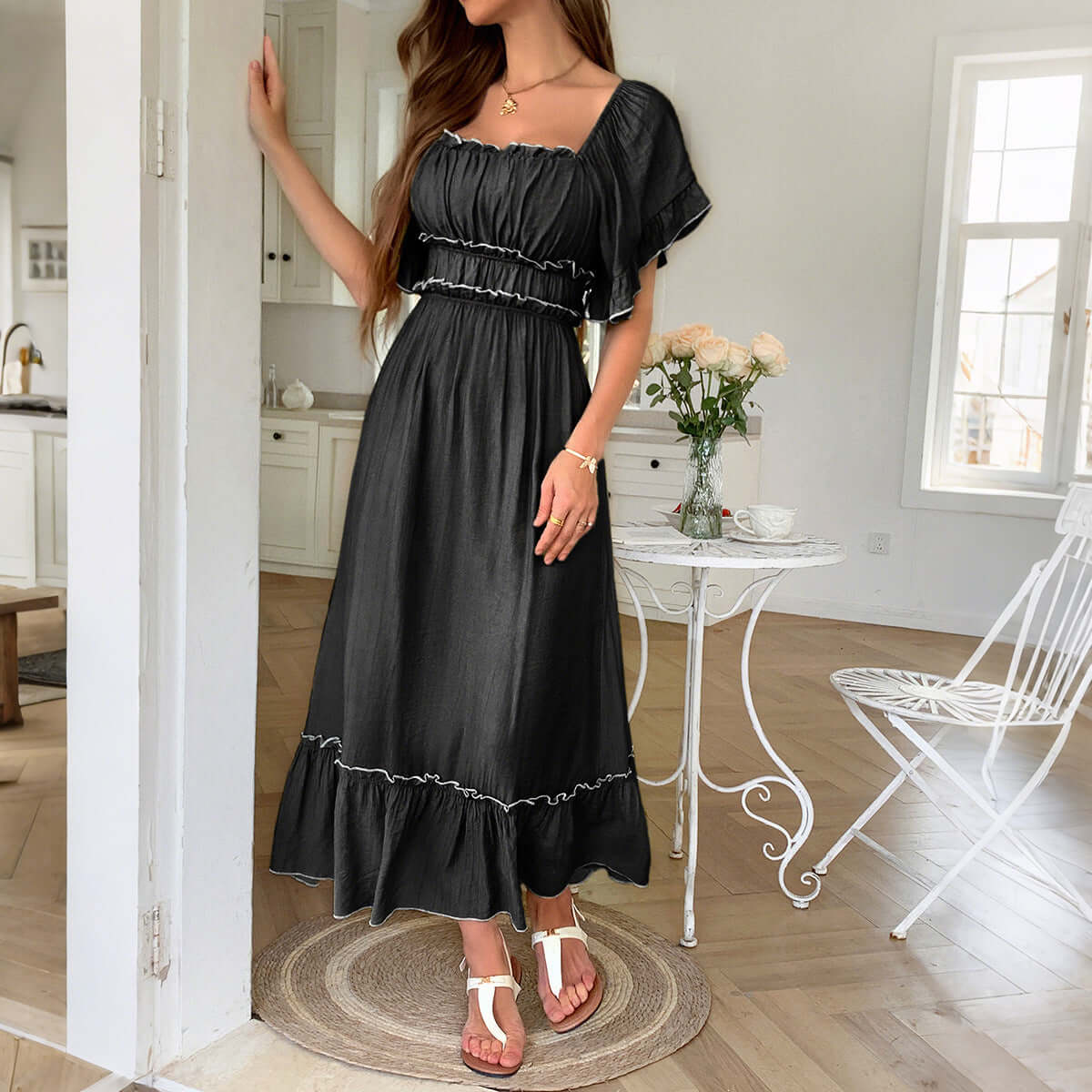 European And American Leisure Vacation Style Stringy Selvedge Short Sleeve Dress $59.50 Dana Fashion Color: Black Size: L Women's clothing Product information: Color: green, blue, black, apricot, orange pink Waist type: high waist Size: S,M,L,XL Skirt len