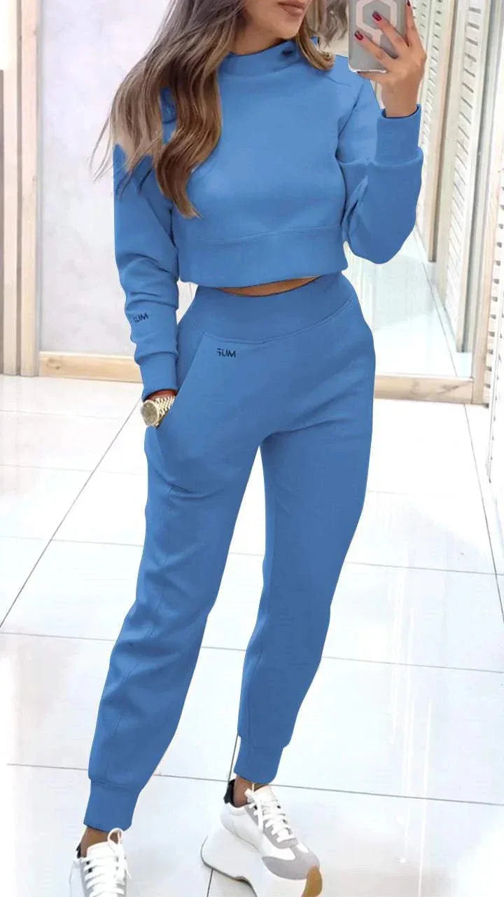 Stand Collar Sports Suit Fashion Pullover Long-sleeves Short Top And Slim Trousers With Pockets Solid Outfits Women's Clothing - DanaFashionstore