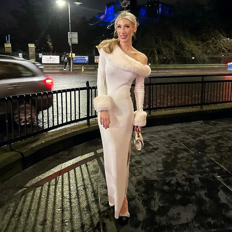 Solid Color Long Sleeve Oblique Collar Slim Christmas Dress - DanaFashionstore
