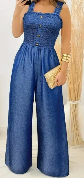 Stylish Ruched Jumpsuit - Sleeveless, Shirred, Wide Leg, Solid Color, Button Decor, Casual, Spring & Summer Essential - Women's Fashion Clothing For Warm Weather - DanaFashionstore