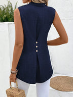 Solid Notched V-Neck Sleeveless Button Back Shirt - DanaFashionstore