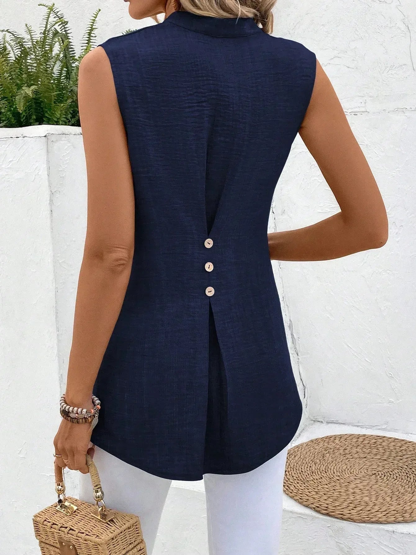 Solid Notched V-Neck Sleeveless Button Back Shirt - DanaFashionstore