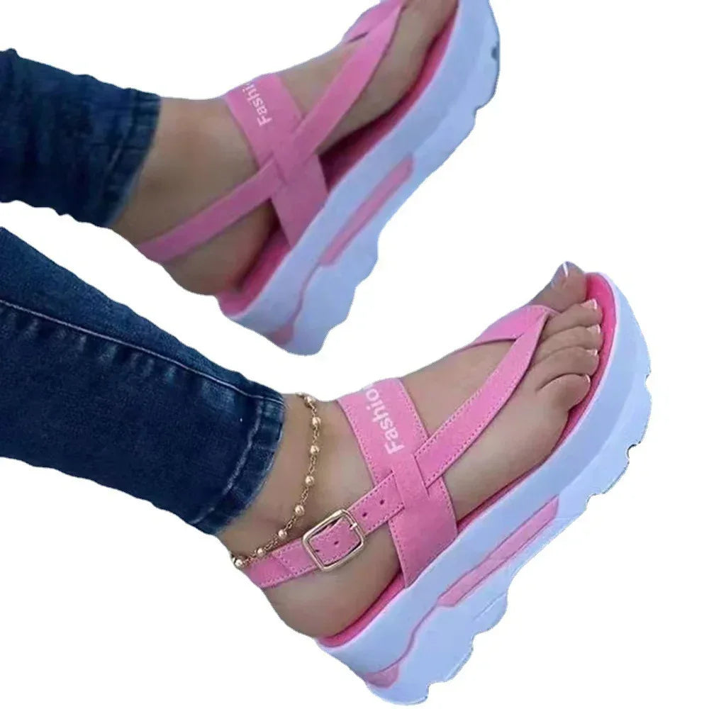 Ladies Thong Platform Heightened Solid Color Buckle Velcro Sandals - DanaFashionstore