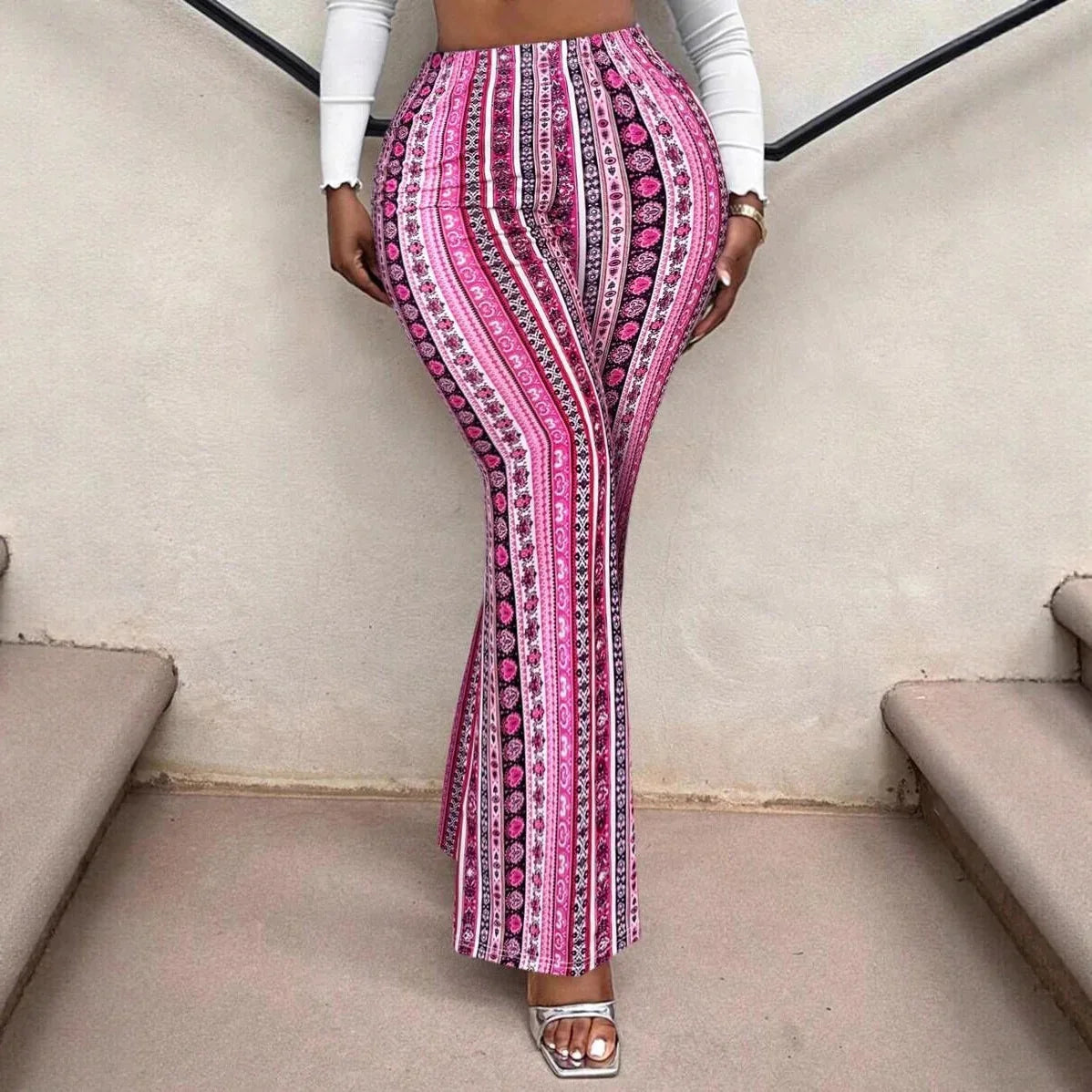 Womens Multi-color Ethnic-style Printed Striped Flared Pants High-waisted Slim-fit And Versatile - DanaFashionstore