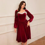 Women's Vintage Christmas Party Long Sleeve Red Velvet Dress Square Collar Dress Elegant Slimming Waist Autumn Women's Clothing - DanaFashionstore