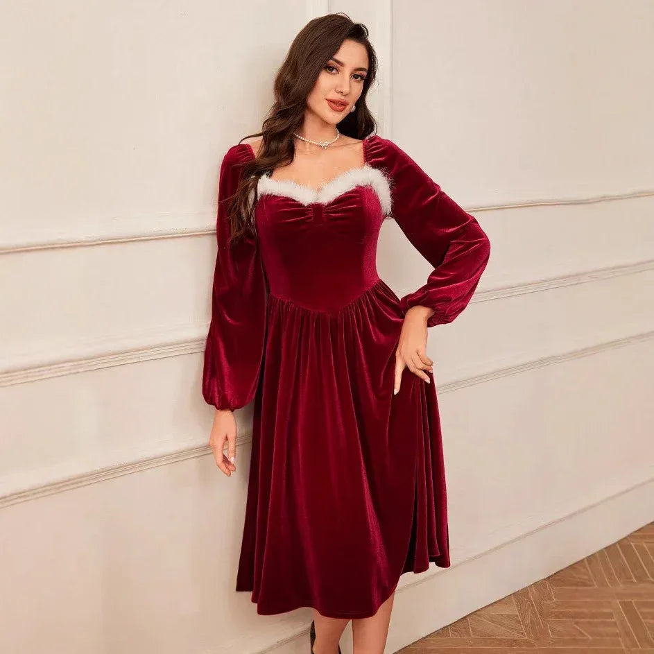 Women's Vintage Christmas Party Long Sleeve Red Velvet Dress Square Collar Dress Elegant Slimming Waist Autumn Women's Clothing - DanaFashionstore