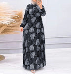 Women's Leaf Print Pleated Skirt Fashionable Waist-Slimming Dress