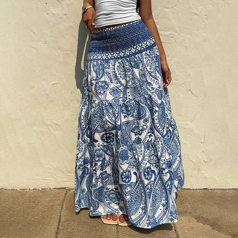 Women's Boho Floral Print Maxi Skirt - Elastic Waist A-Line Long Skirt For Spring&Summer Casual Beach Skirt - Dana Fashion