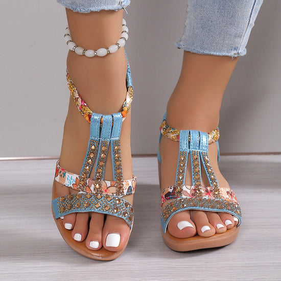Casual Wedges Sandals With Rhinestone Summer Plus-size Peep-toe Roman Shoes