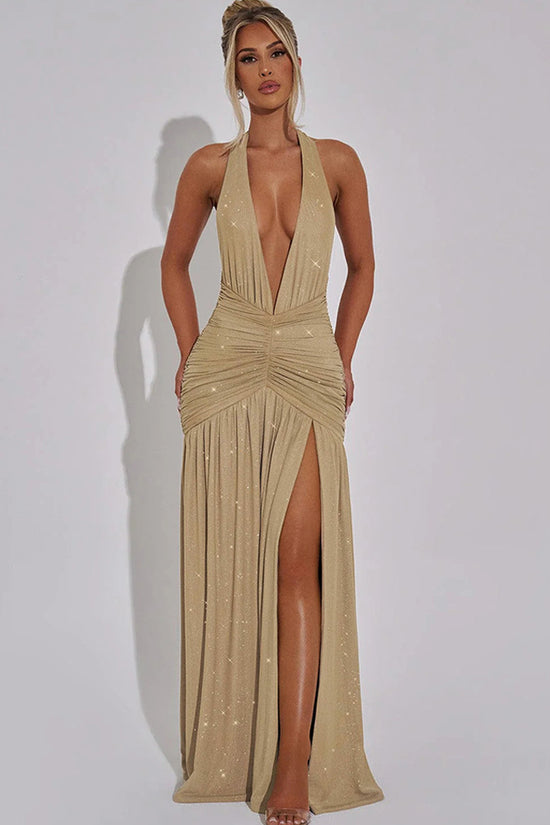 Halter Backless Bright Silk Dress V-neck