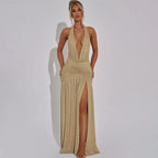Halter Backless Silk Dress 2026 - V-Neck Bright Party Dress - DanaFashionstore