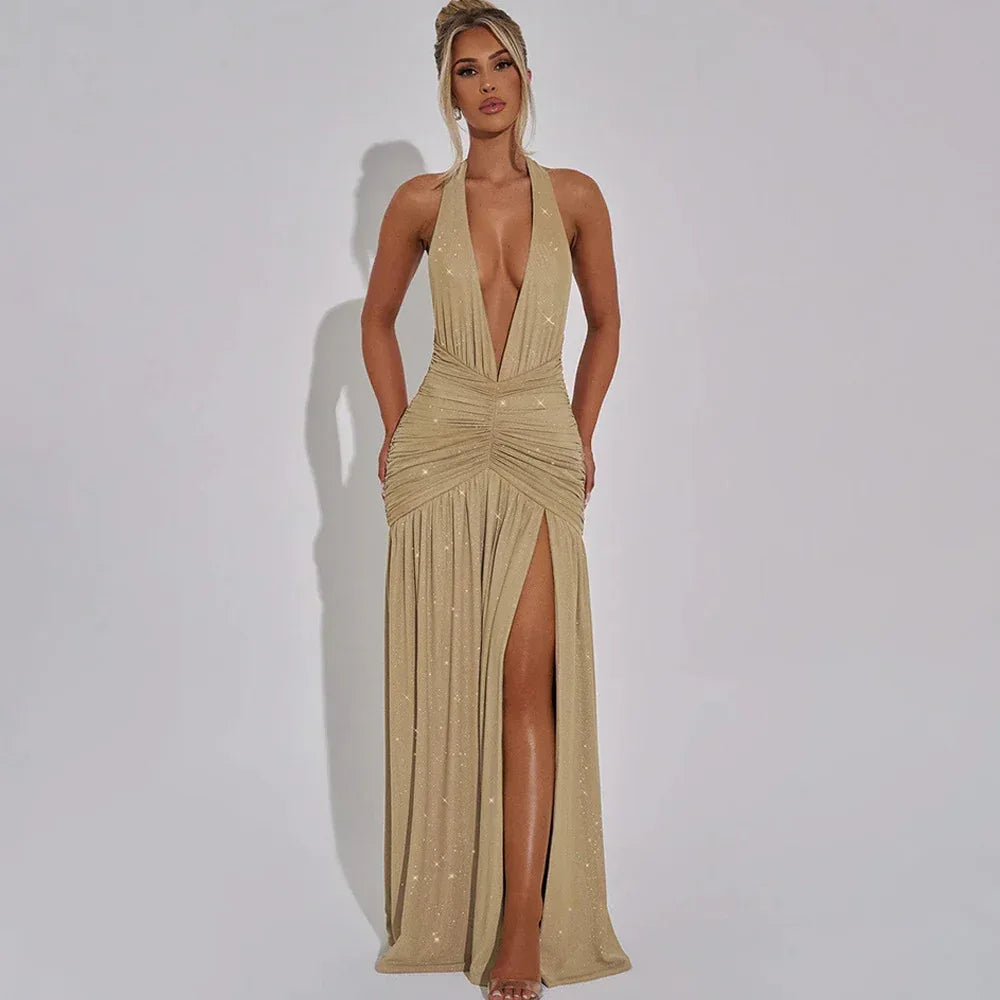 Halter Backless Silk Dress 2026 - V-Neck Bright Party Dress - DanaFashionstore