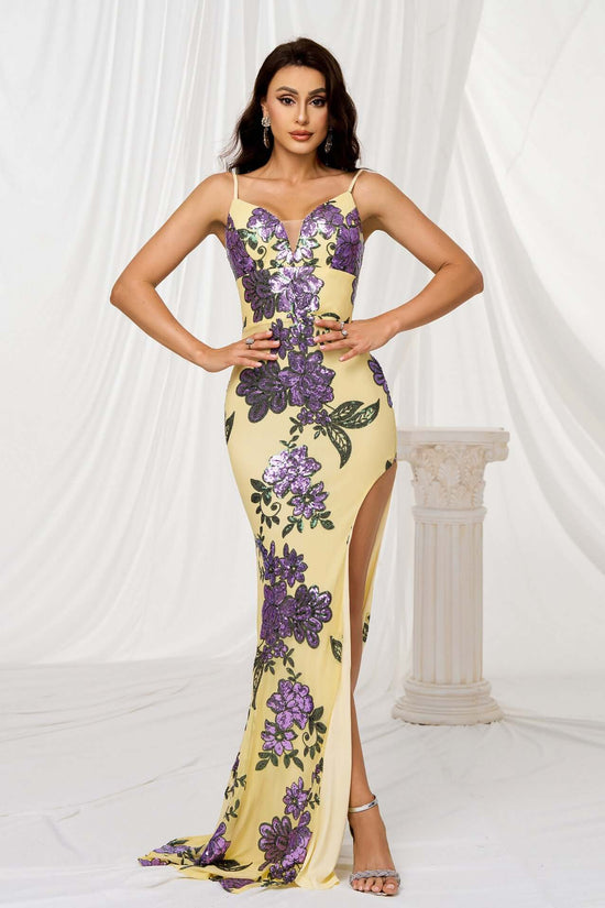 V-neck Brace Slim-fit Sheath Sequined Slit Evening Dress $104.40 Dana Fashion Color: Yellow Size: L Women's clothing Product information: Color: yellow Size: S,M,L,XL Style type: Elegant Popular elements: Sequins Style: Basic Fabric name: Polyester Craft: