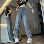 Blue XINGX Embroidered Jeans Women Loose Straight-leg Wide-leg Pants - DanaFashionstore