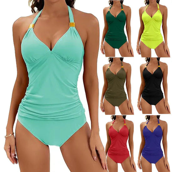 2pcs Solid Color Halter Neck Bikini Beach Fashion Sexy V Neck Swimsuit Summer Womens Clothing - DanaFashionstore