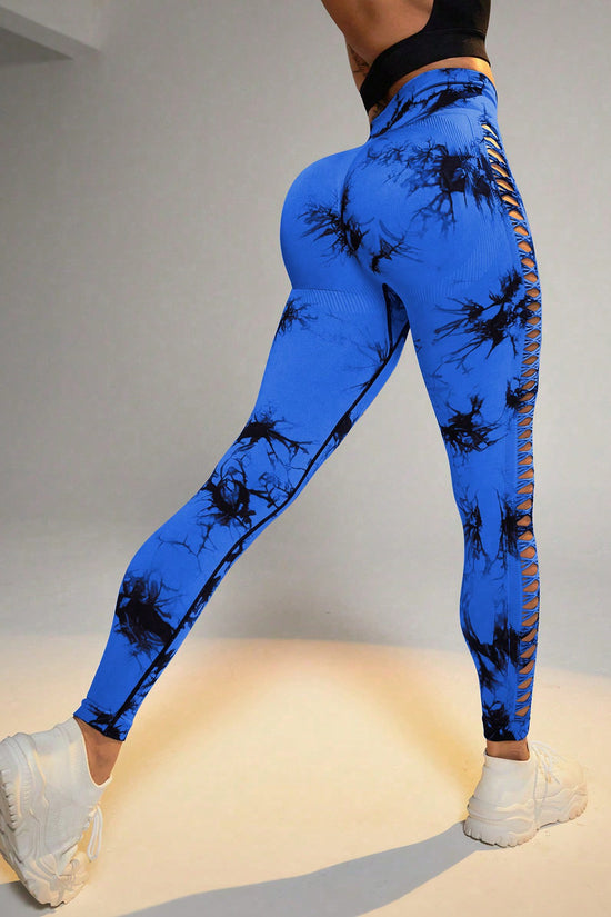 Hollow Tie Dye Printed Yoga Pants High Waist Butt Lift Seamless Sports Gym Fitness Leggings Slim Pants For Women Tight Trousers