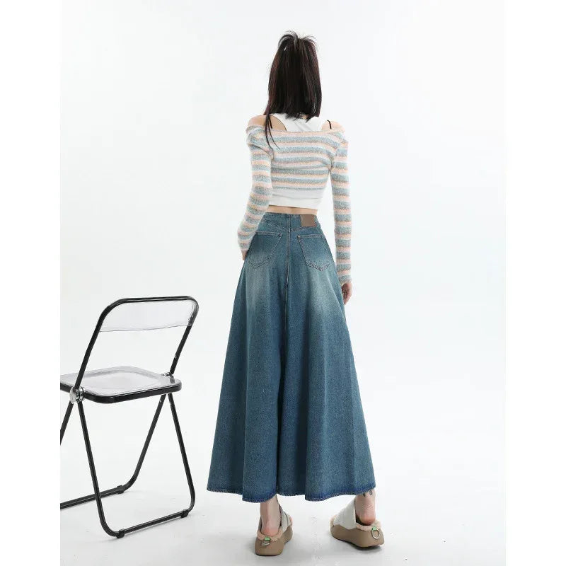 American Style Retro Big Swing Denim Spring New High Waist A- Line Slimming Mid-length Skirt - DanaFashionstore