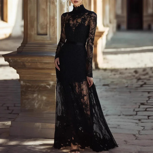 Women's Solid-color Hollow-out Vintage Stand-collar Long-sleeve Lace Maxi Dress With A Fitted Waist - DanaFashionstore