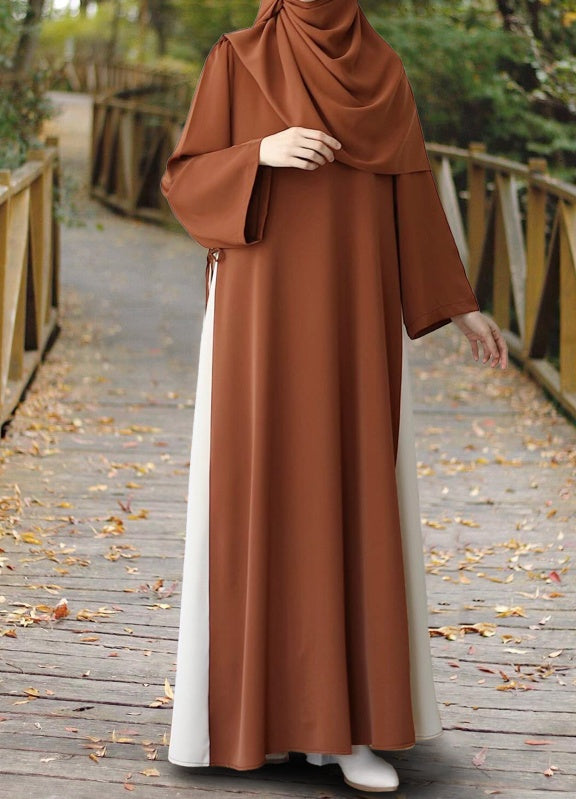 Color-blocked Side Drawstring Loose Casual Round Neck Long Dress