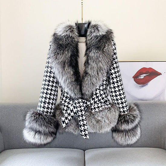 Fur Coat Women's Short Houndstooth Fur Collar Silver Fox Fur Jacket - DanaFashionstore
