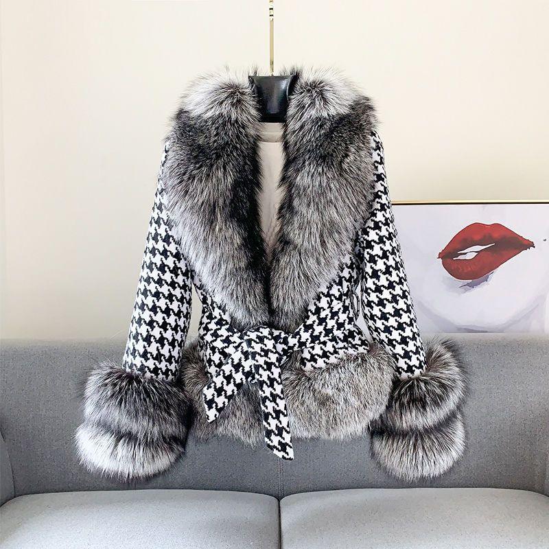 Fur Coat Women's Short Houndstooth Fur Collar Silver Fox Fur Jacket - DanaFashionstore