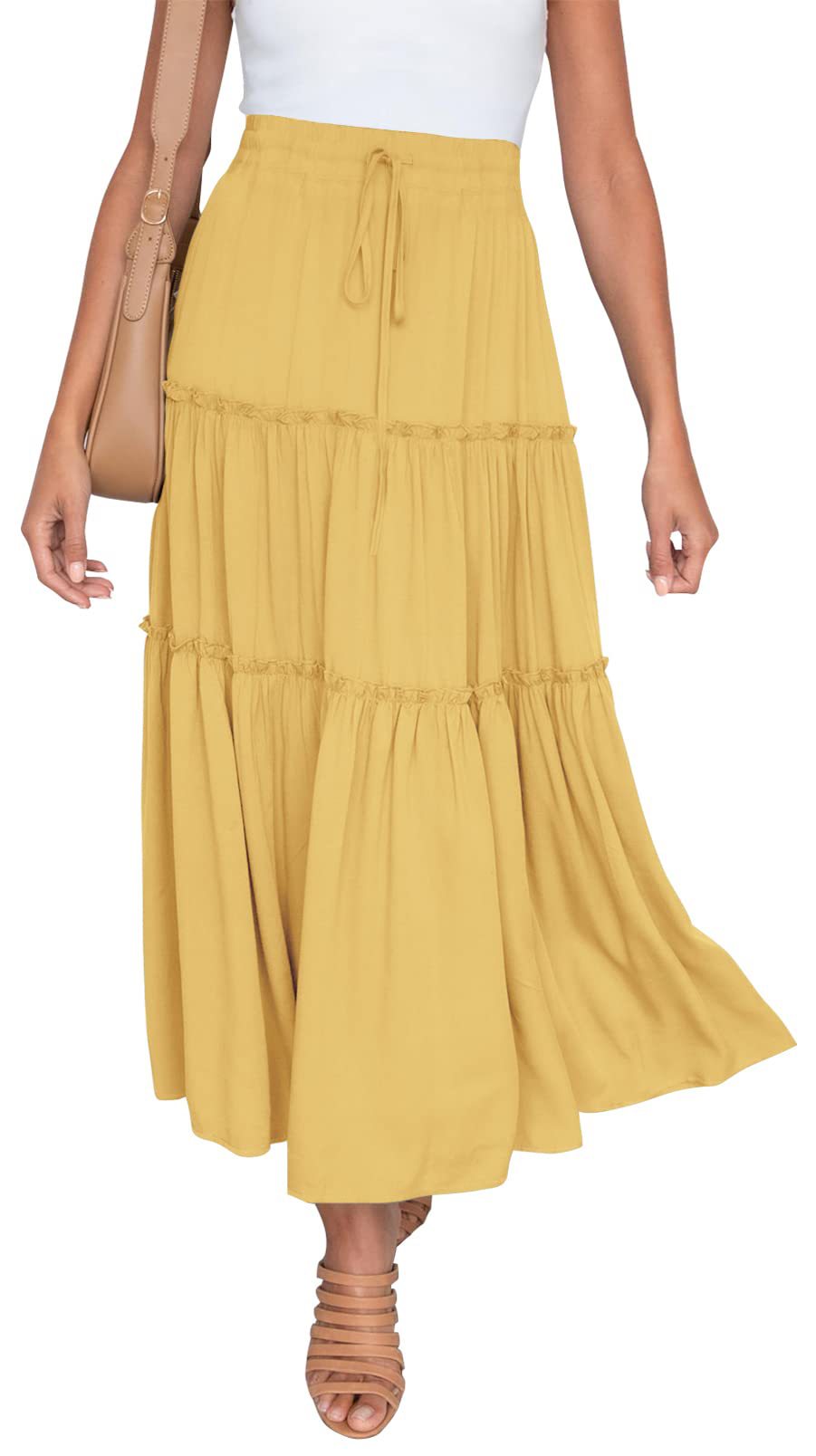 Women's Elastic High Waist A-Line Pleated Casual Maxi Dress