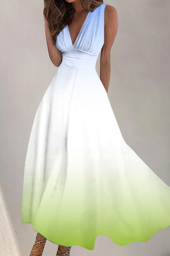 Women's Digital Printing Fashion V-neck Swing Long Dress