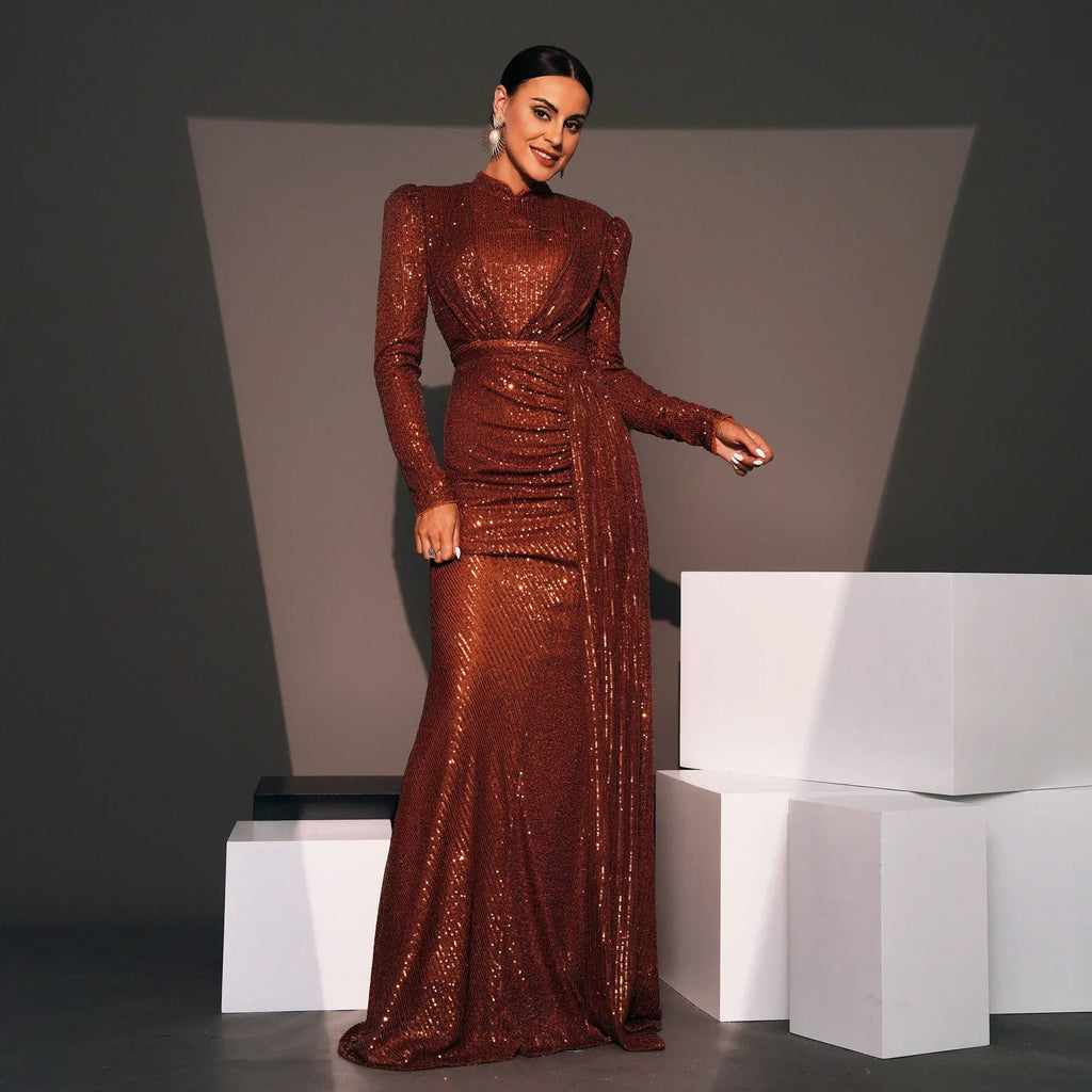Long Sleeve Round Neck Sexy Slim Long Sequined Banquet Dress - DanaFashionstore