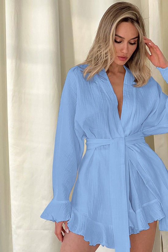 Long-sleeved Pajamas Crepe Cotton Ruffles Nightgown Shorts Suit Loose Cross-border Home Wear - Dana Fashion