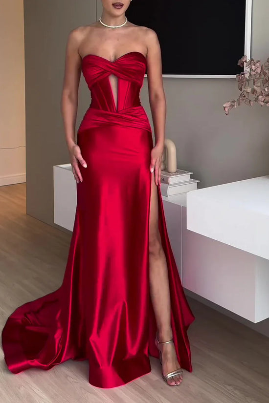 Tube Top Slit Red Extra Long Evening Dress - DanaFashionstore