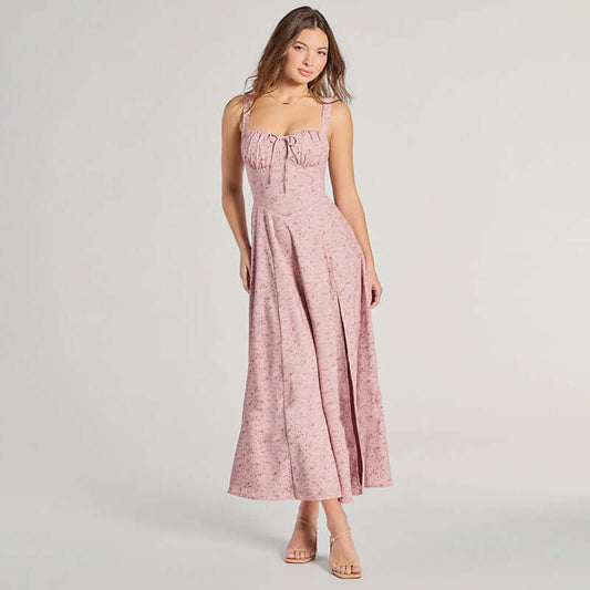 European And American Spring And Summer Floral Backless Slim Fit Sleeveless Split Dress $54.90 Dana Fashion Color: Black Size: L Women's clothing Product information: Pattern: Flowers Skirt type: Slit skirt Color: brown, pink, black Waist type: high waist