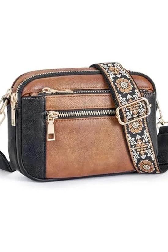 Triple-zipper Shoulder Bag With Floral Embroidered Straps Fashion Colorblock Multi-functional Crossbody Bags For Women - DanaFashionstore