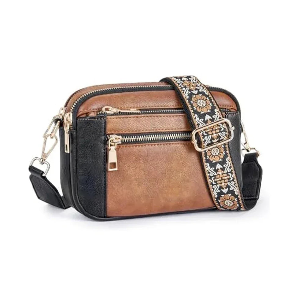 Triple-zipper Shoulder Bag With Floral Embroidered Straps Fashion Colorblock Multi-functional Crossbody Bags For Women - DanaFashionstore