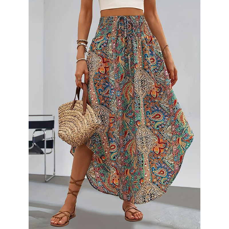 Women's High Elastic Waist Midi Skirt Casual Summer Trendy Tie Front Flowy Floral Print Beach Long Skirt - Dana Fashion