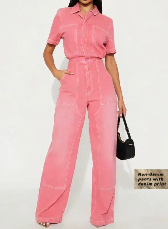 Workwear-style Short-sleeved Lapel Jumpsuit With Wide Legs - DanaFashionstore