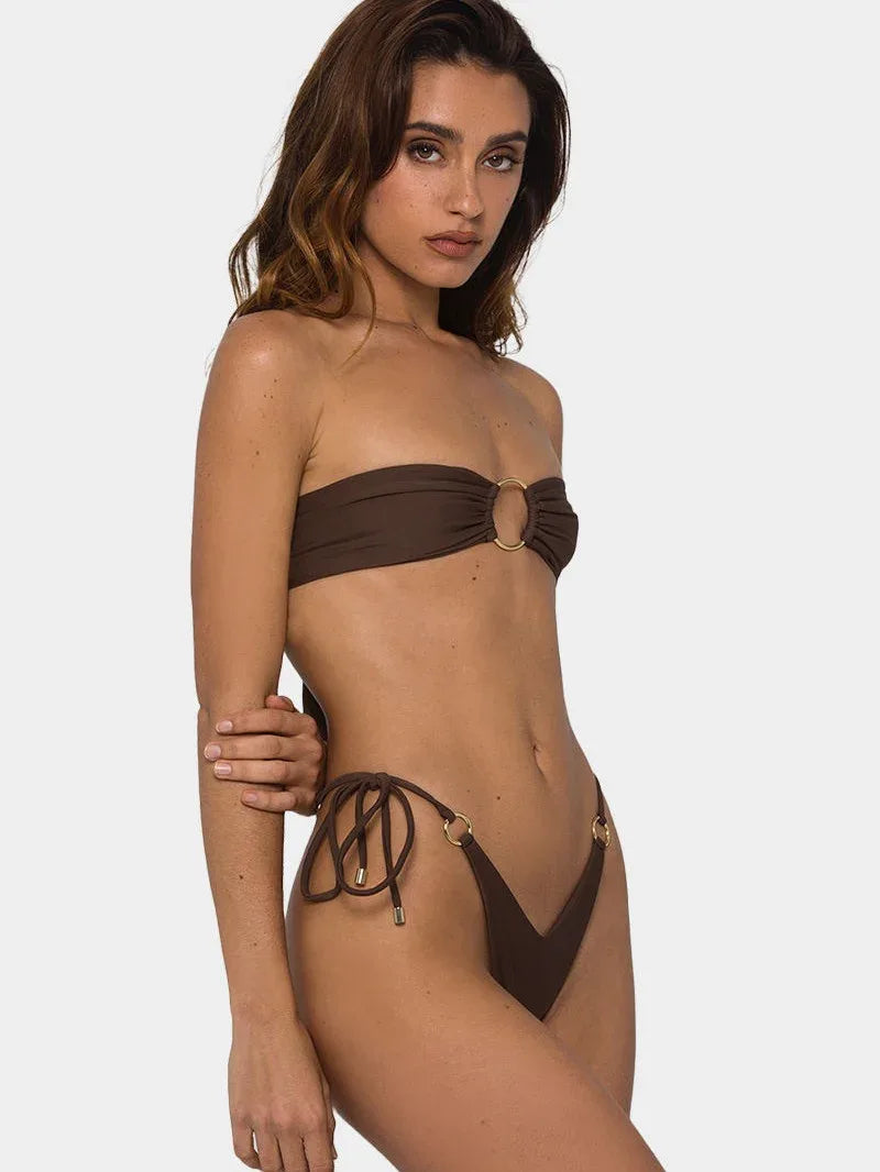 Pure Color Tube-top Ring Tether Push Up Bikini Split Swimsuit - DanaFashionstore