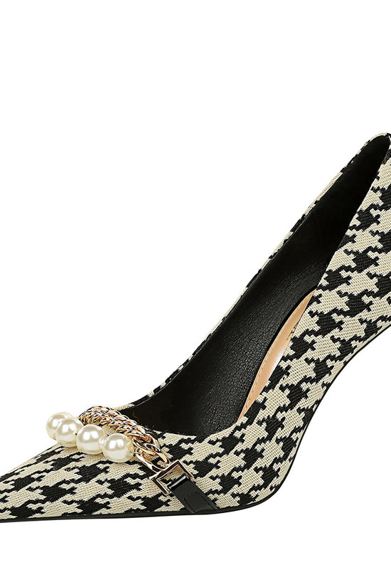 Shallow Mouth Pointed Pearl Chain Plaid Women's Single Shoes