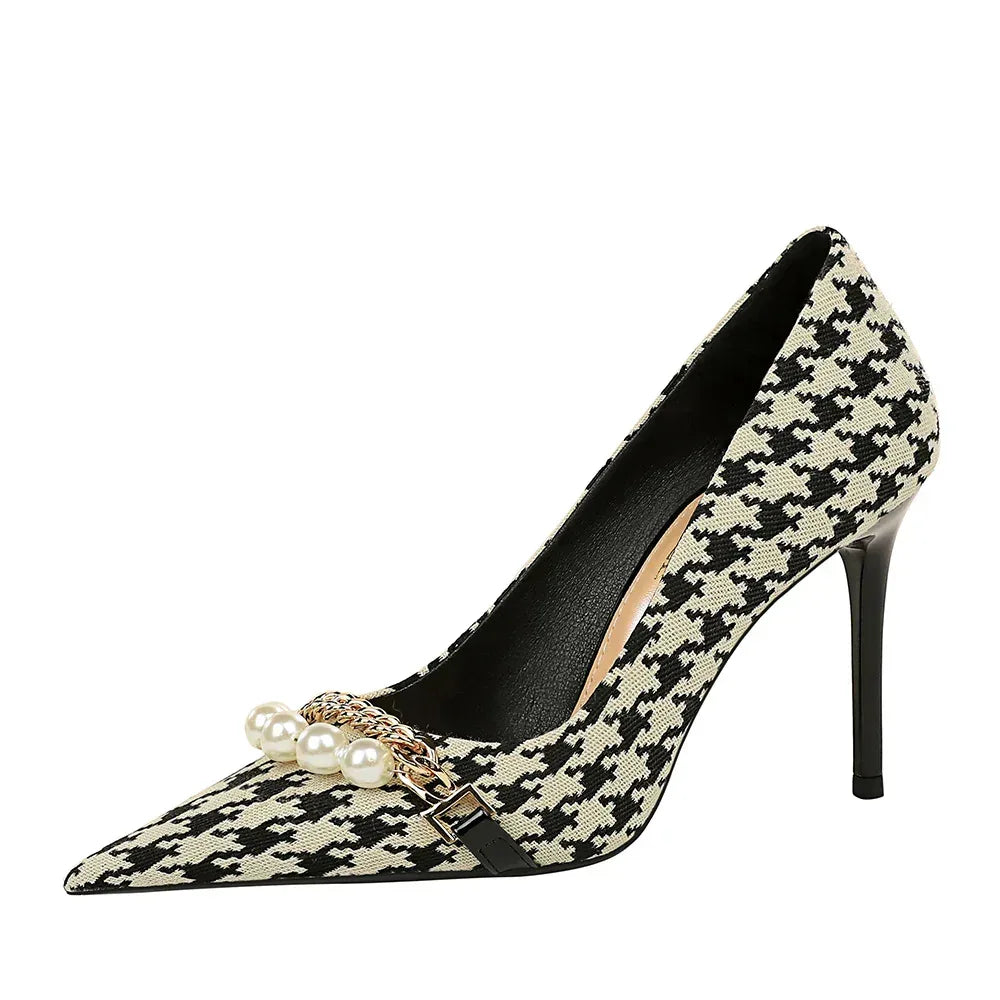 Shallow Mouth Pointed Pearl Chain Plaid Women's Single Shoes - DanaFashionstore