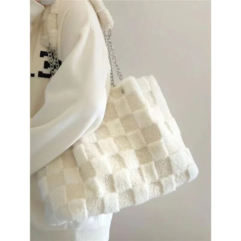 White Plush One Shoulder Bag Casual Tote Bag - DanaFashionstore