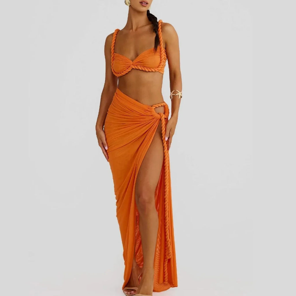Sexy Fashion Beach Swimsuit Woven Halter Top Top Split Skirt Suit - DanaFashionstore