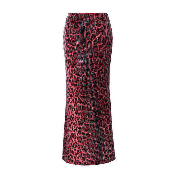 Leopard Print Sequin Stitching Stretch Skirt