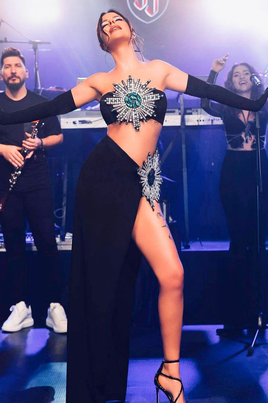 Shiny Rhinestone Tube Top High Slit Skirt Bandage Suit