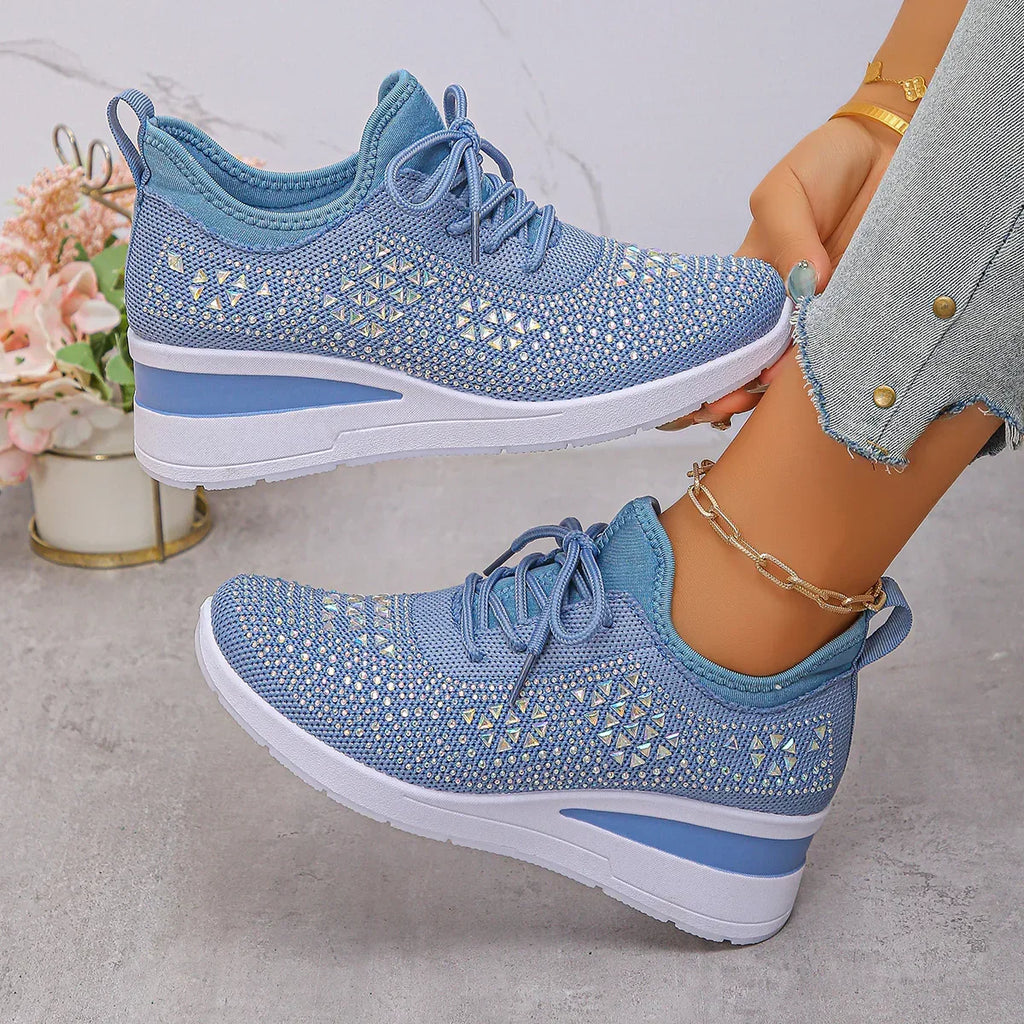Ins Rhinestone Sneakers Fashion Lace Up Wedges Casual Shoes Women's Daily Commuting Sports Shoes - DanaFashionstore
