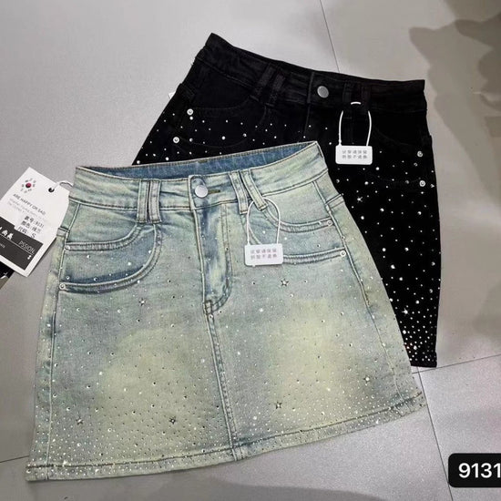 Retro Rhinestone Bright Star River Slim-fit Slimming Denim Skirt - Dana Fashion